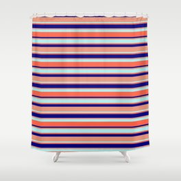 [ Thumbnail: Blue, Dark Salmon, Turquoise, and Red Colored Striped/Lined Pattern Shower Curtain ]