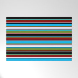 [ Thumbnail: Eyecatching Deep Sky Blue, Green, Dark Red, Lavender, and Black Colored Lines/Stripes Pattern Welcome Mat ]