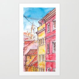 Portugal houses ink and watercolor illustration Art Print