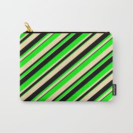 [ Thumbnail: Beige, Black & Lime Colored Lined/Striped Pattern Carry-All Pouch ]