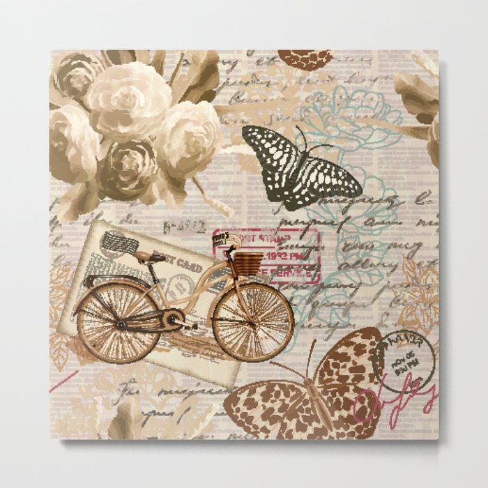 Seamless vintage background with roses, butterfly and bicycle.  Metal Print