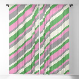 [ Thumbnail: Hot Pink, Dim Gray, Beige, and Green Colored Stripes Pattern Sheer Curtain ]