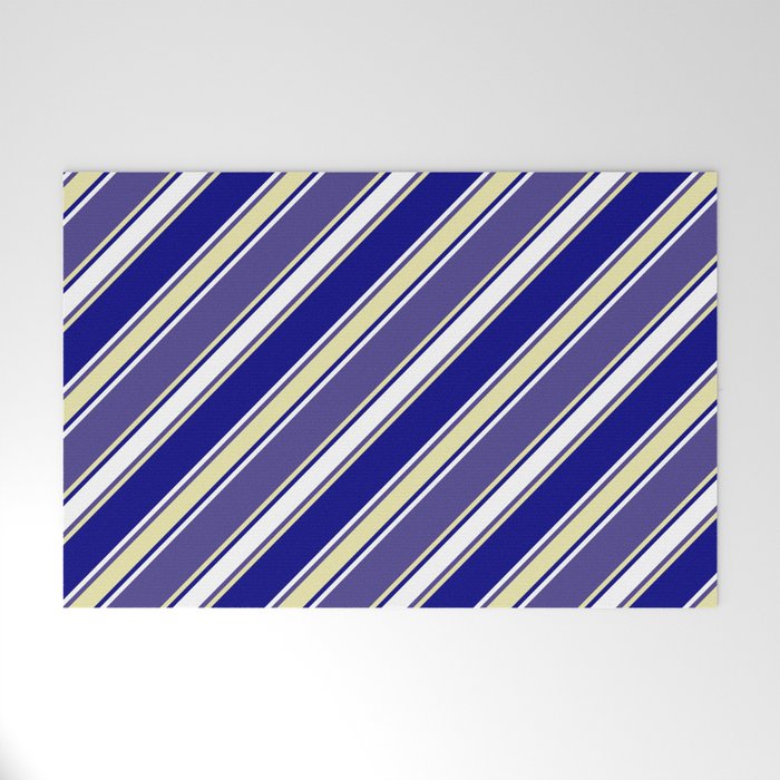 Dark Slate Blue, Pale Goldenrod, Blue & White Colored Lines Pattern Welcome Mat