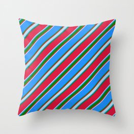 [ Thumbnail: Crimson, Powder Blue, Blue & Green Colored Pattern of Stripes Throw Pillow ]