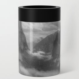 Mountains with morning mist and fog; waterfall alpine valley black and white photograph / photograph for home and wall decor Can Cooler