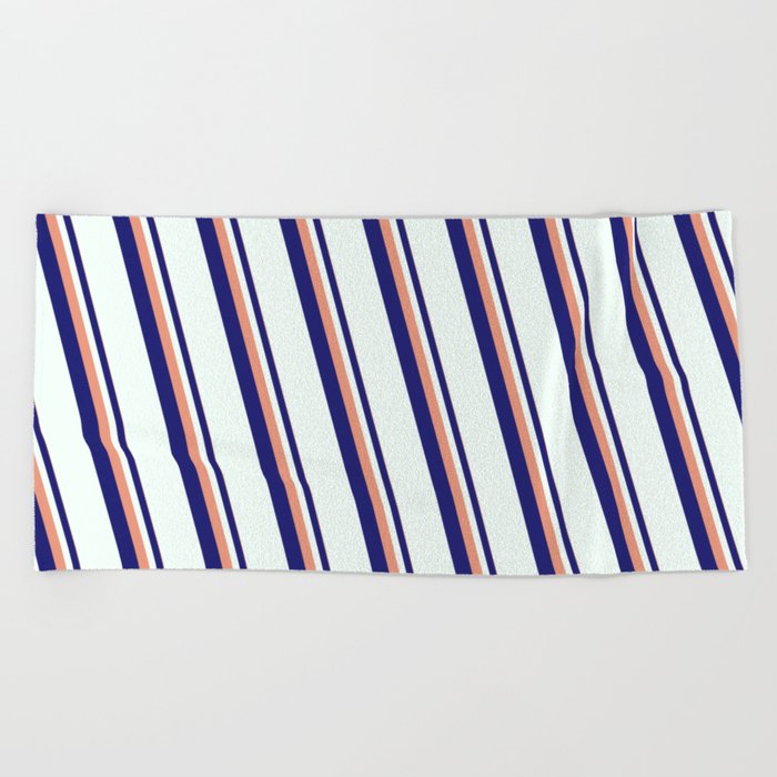 Dark Salmon, Midnight Blue & Mint Cream Colored Stripes Pattern Beach Towel