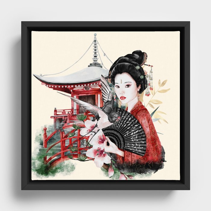 Beautiful Geisha In A Japanese Garden Framed Canvas