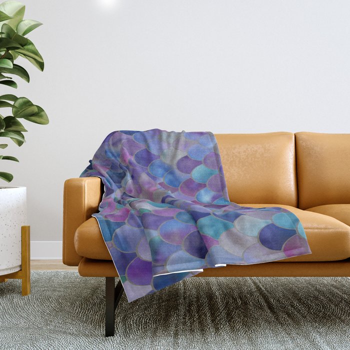 Mermaid Scales Art Purple Pink Teal Blue Green Throw Blanket