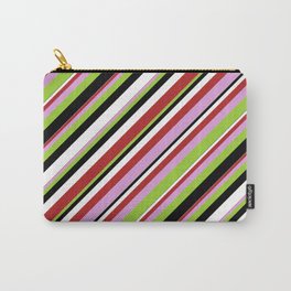[ Thumbnail: Red, Plum, Green, Black & White Colored Lines Pattern Carry-All Pouch ]