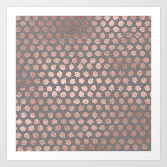 Handpainted Rosegold polkadots on grey background Art Print