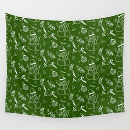 Green and White Christmas Snowman Doodle Pattern Wall Tapestry