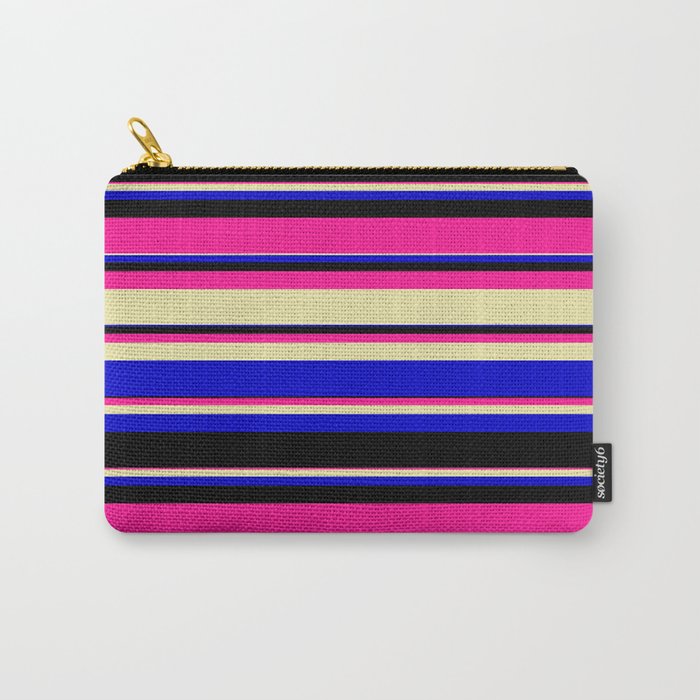Deep Pink, Pale Goldenrod, Blue, and Black Colored Striped/Lined Pattern Carry-All Pouch
