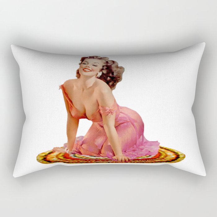 Brunette Pin Up With Pink Dress on Colorful Rug Rectangular Pillow