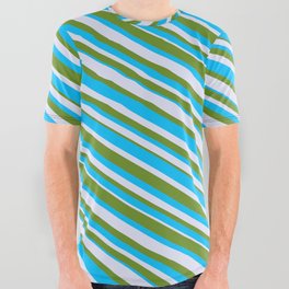 [ Thumbnail: Deep Sky Blue, Lavender, and Green Colored Lined Pattern All Over Graphic Tee ]