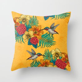 Hummingbirds and tropical bouquet in yellow Throw Pillow