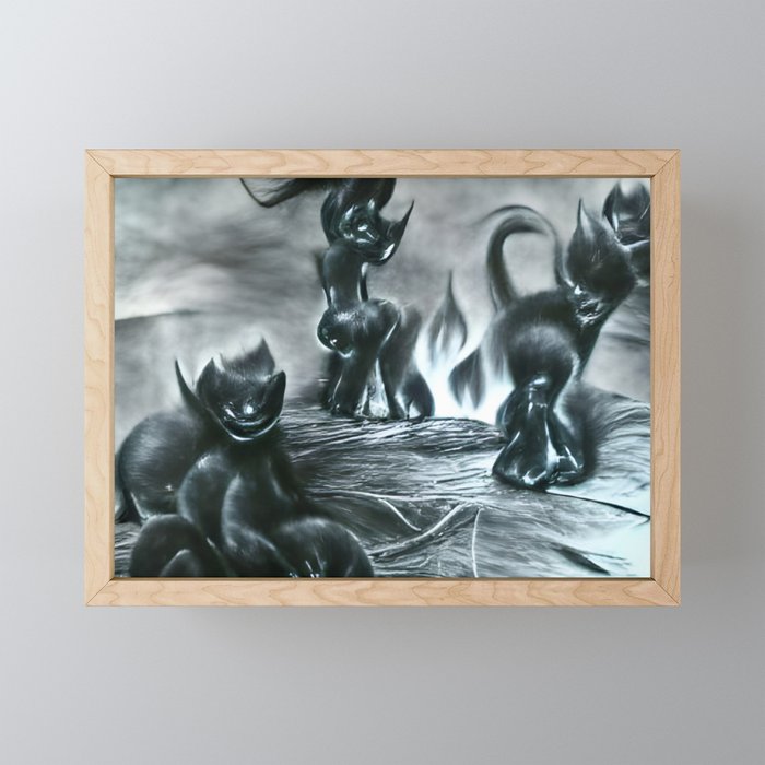 Black kittens playing in hell Framed Mini Art Print