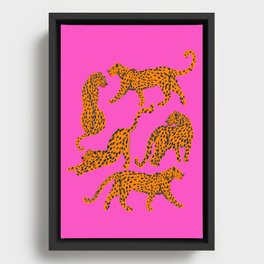 Abstract leopard with red lips illustration in fuchsia background  Framed Canvas