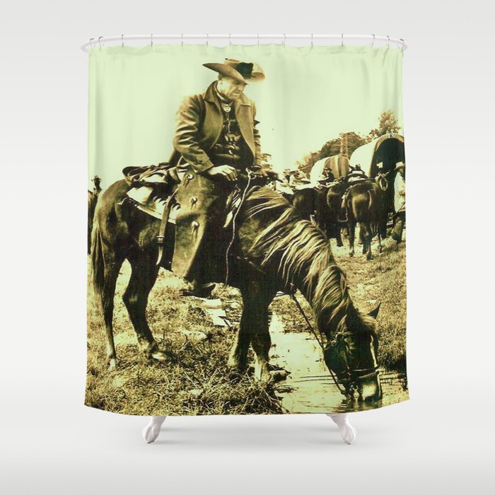 Western Vintage Cowboy At The Watering Hole Shower Curtain By