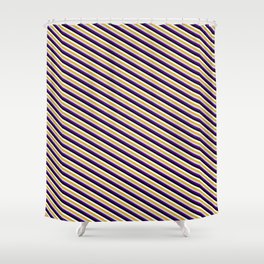 [ Thumbnail: Vibrant Goldenrod, Light Grey, Indigo, Black, and Mint Cream Colored Striped/Lined Pattern Shower Curtain ]