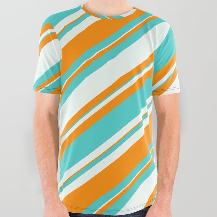 Mint Cream, Dark Orange & Turquoise Colored Lined/Striped Pattern All Over Graphic Tee