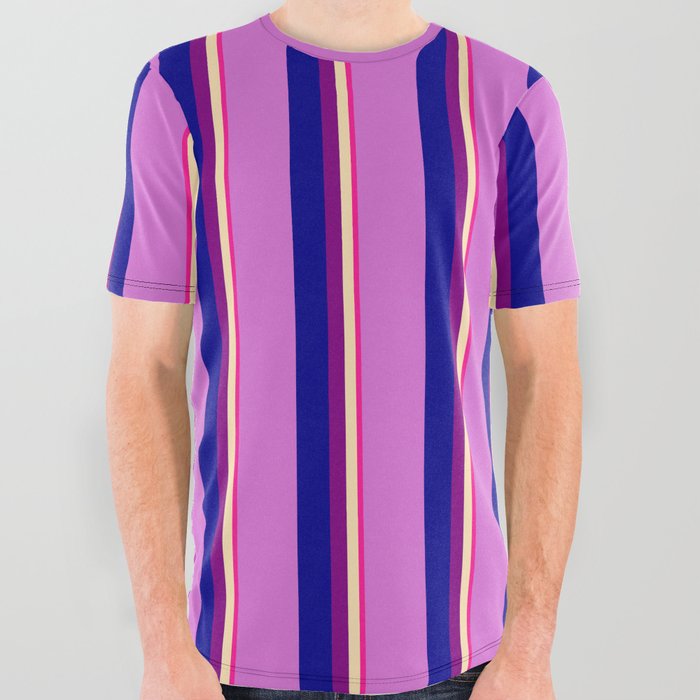 Deep Pink, Beige, Purple, Dark Blue, and Orchid Colored Stripes Pattern All Over Graphic Tee