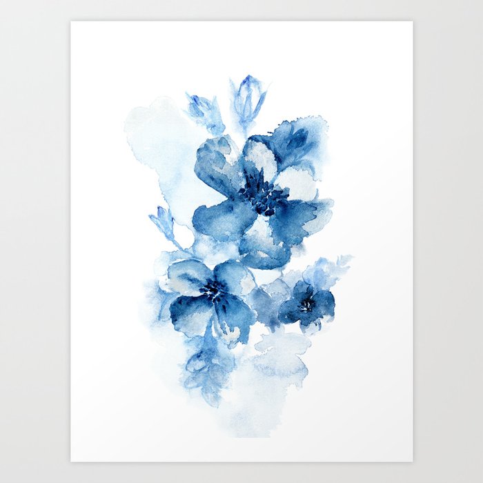 Blue Watercolor Painting Flowers Art Print