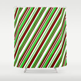 [ Thumbnail: Maroon, White, and Lime Green Colored Striped/Lined Pattern Shower Curtain ]