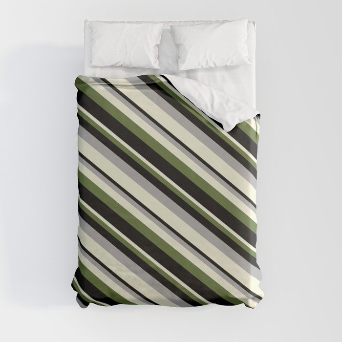 Dark Grey, Beige, Dark Olive Green, and Black Colored Striped/Lined Pattern Duvet Cover