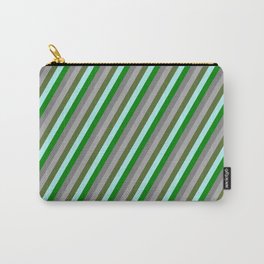 [ Thumbnail: Eye-catching Turquoise, Green, Grey, Dark Grey, and Dark Olive Green Colored Striped Pattern Carry-All Pouch ]