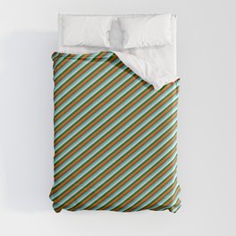 [ Thumbnail: Vibrant Brown, Turquoise, Lavender, Dark Green & Chocolate Colored Striped Pattern Duvet Cover ]