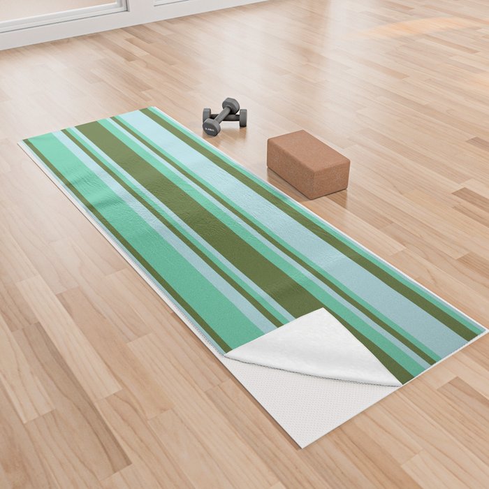 Aquamarine, Dark Olive Green, and Powder Blue Colored Stripes/Lines Pattern Yoga Towel