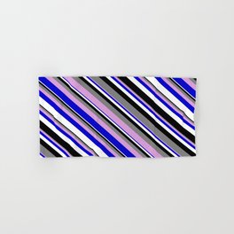 [ Thumbnail: Colorful Grey, Plum, Blue, White, and Black Colored Lined Pattern Hand & Bath Towel ]