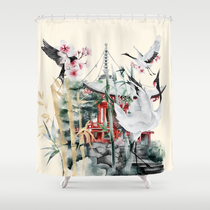 Japanese Crane Watercolor Art Shower Curtain