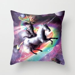 Space Cat Riding Unicorn - Laser, Tacos And Rainbow Throw Pillow