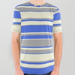 [ Thumbnail: Beige, Dark Grey & Royal Blue Colored Pattern of Stripes All Over Graphic Tee ]