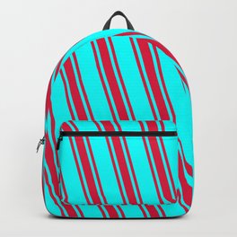 [ Thumbnail: Cyan & Crimson Colored Stripes Pattern Backpack ]