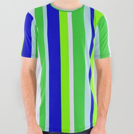 [ Thumbnail: Colorful Powder Blue, Blue, Chartreuse, Lavender & Lime Green Colored Lines Pattern All Over Graphic Tee ]
