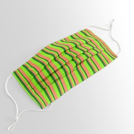 [ Thumbnail: Dark Green, Chartreuse & Coral Colored Lined/Striped Pattern Face Mask ]