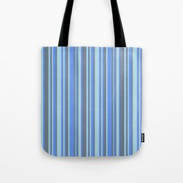 [ Thumbnail: Cornflower Blue, Light Blue, and Slate Gray Colored Striped Pattern Tote Bag ]