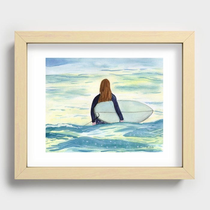 Surfer Girl in Sunlight Watercolor Art Recessed Framed Print