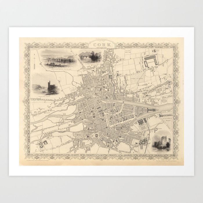 Old Cork Ireland Map (1851) Vintage Corcaigh City & Street Atlas Art
