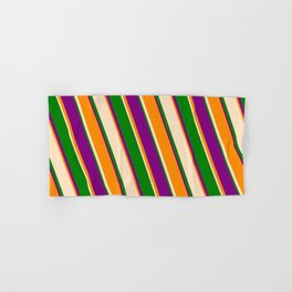 [ Thumbnail: Dark Orange, Bisque, Green, and Purple Colored Stripes Pattern Hand & Bath Towel ]