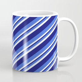 [ Thumbnail: Royal Blue, Mint Cream & Midnight Blue Colored Striped Pattern Coffee Mug ]