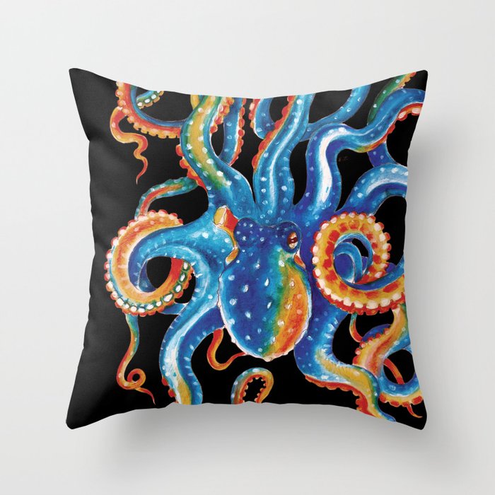 Octopus Colorful Tentacles On Black Throw Pillow