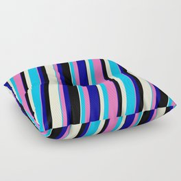 [ Thumbnail: Vibrant Deep Sky Blue, Hot Pink, Dark Blue, Black, and Light Yellow Colored Lines/Stripes Pattern Floor Pillow ]