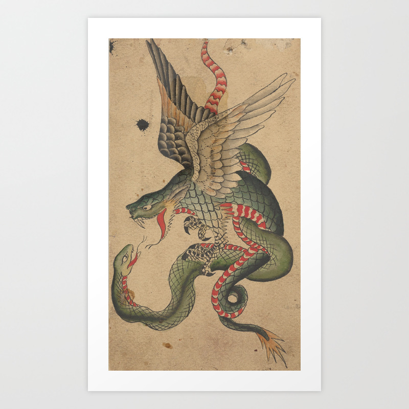 tattoo design with a dragon and snake inspired by japanese examples clark sellers art print by romykarina