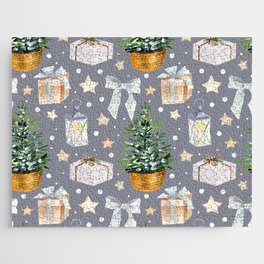 Watercolor Pattern of Christmas Tree and White Gift Boxes Jigsaw Puzzle