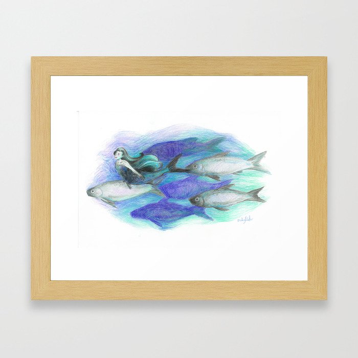 Whitefish Mermaid Illustration Framed Art Print