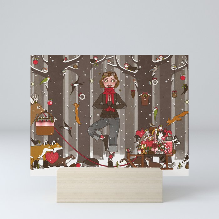 Lily practices Yoga with the Forest Animals on Christmas Eve Mini Art Print