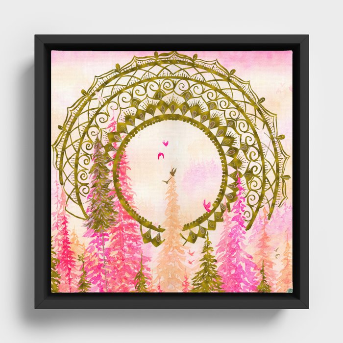 Golden Mandala Forest Escape-Pink Framed Canvas